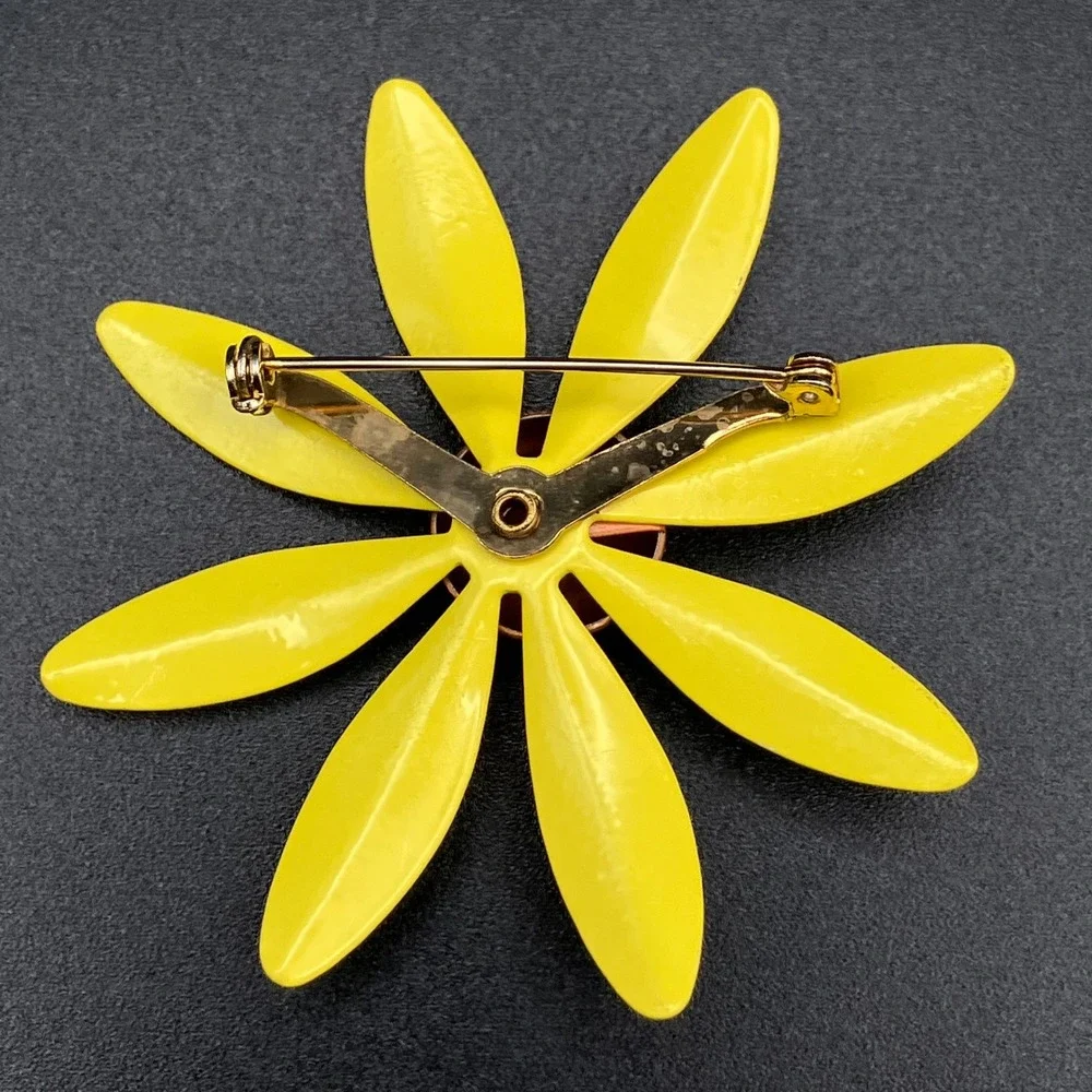 Vintage Enamel Daisy Flower Brooch Yellow Orange Large Mod Floral Pin 2.75in